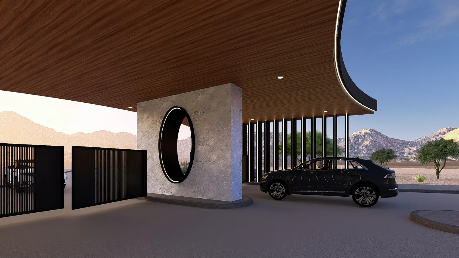 Rendering under the canopy with the wood soffit overhead, the stone pier with its circular opening and the vehicle gates