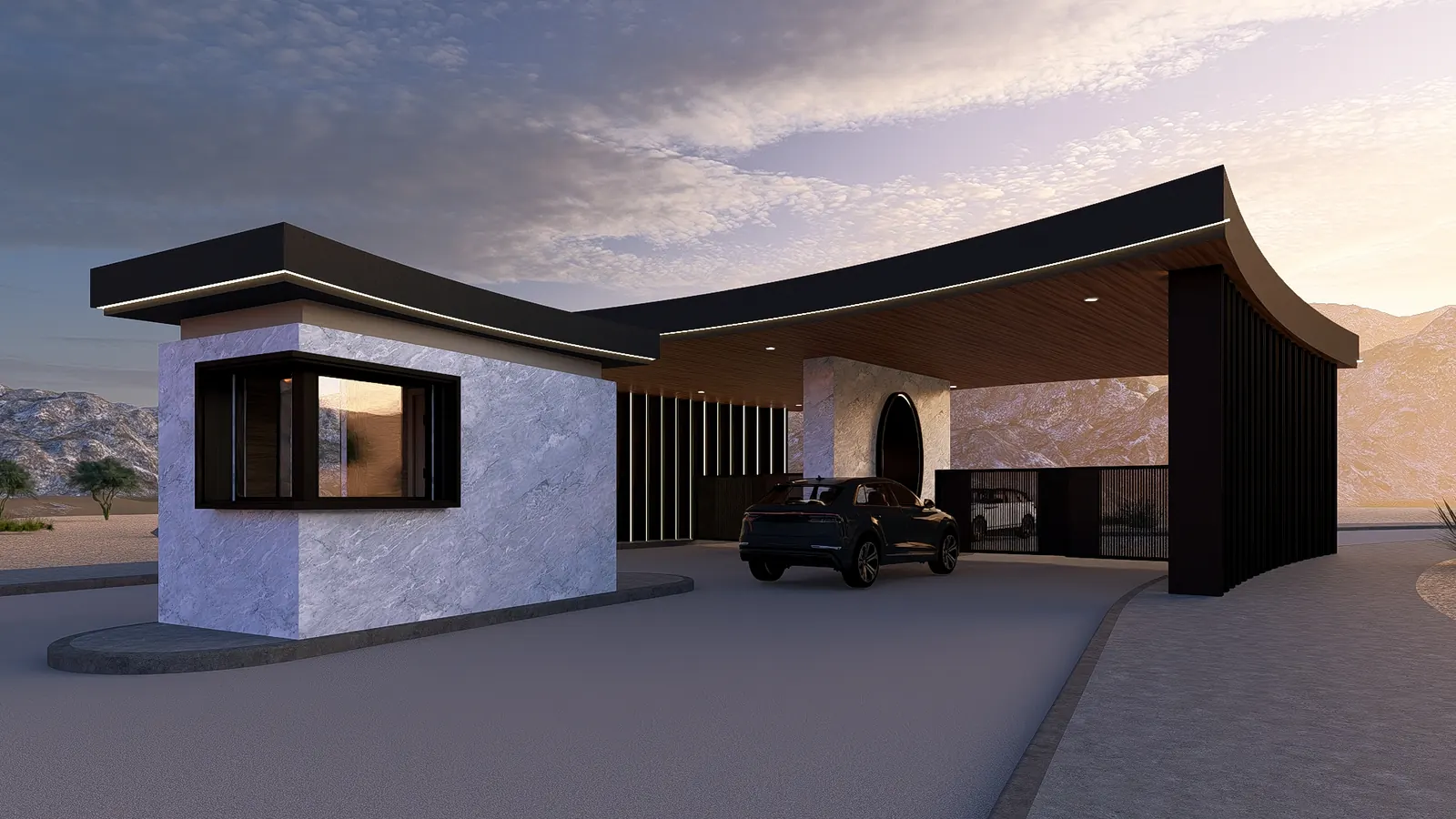 Rendering of the stone clad gatehouse with a corner window beside the entry lane under the canopy