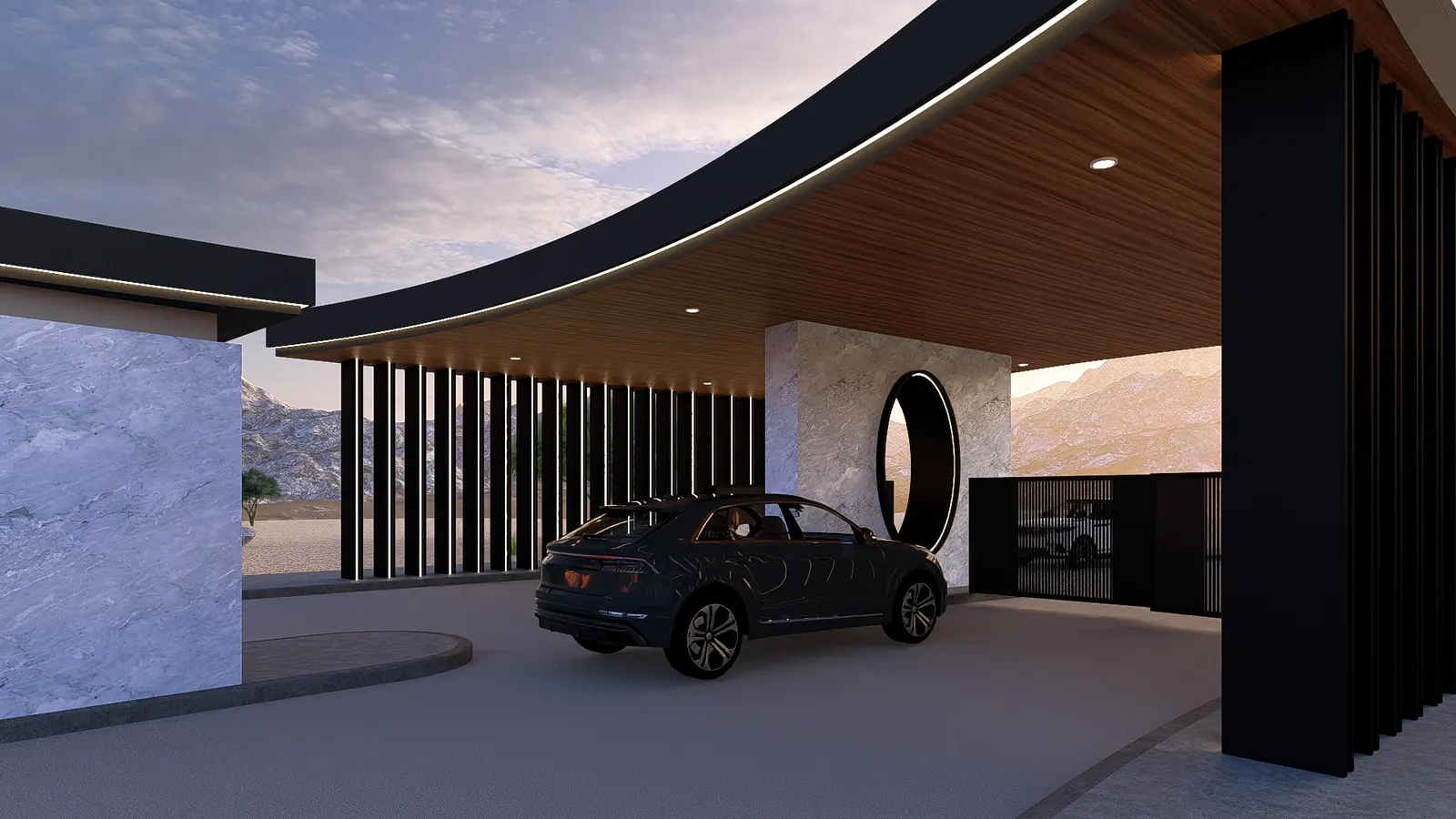 Rendering of a car waiting in the entry lane between the gatehouse and the stone pier, with lit fins along the lane
