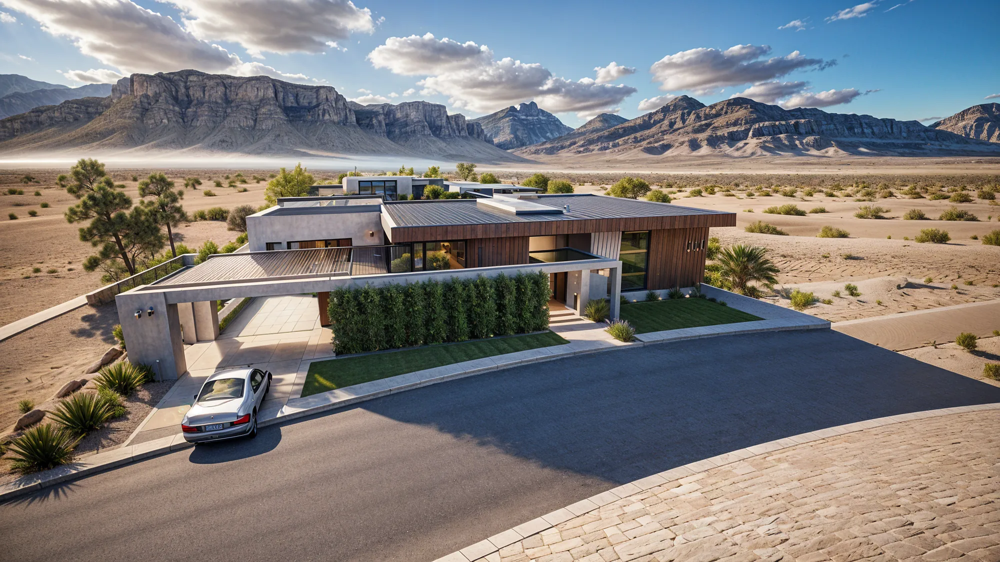 Concept rendering of a single story house for 2 Climbing Canyon Way seen from above the street