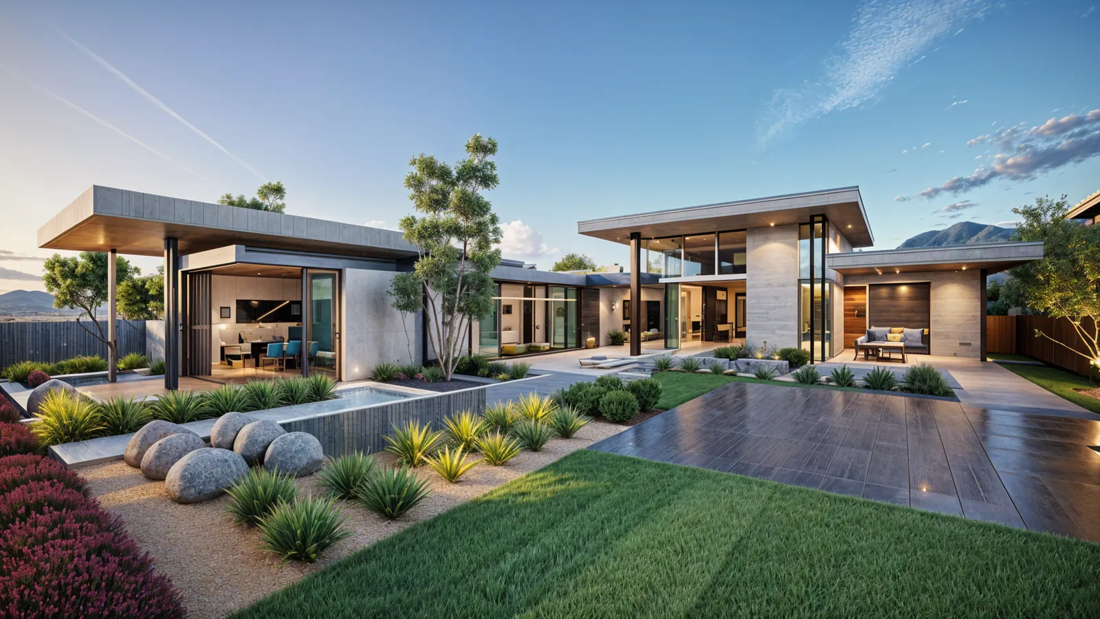 Concept rendering of the garden side of a modern house with covered patios, glazed walls, a lawn, a paved terrace and desert planting