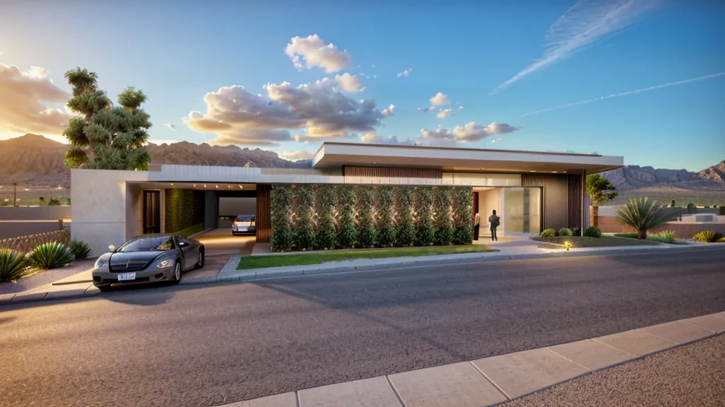 Concept rendering of a long, low street elevation with a deep flat roof, a carport and a planted green screen